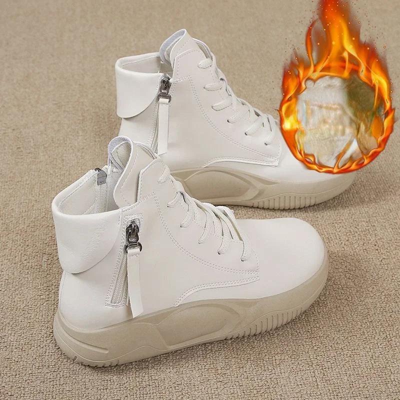 Women's Leather Round Toe Platform Sport Shoes Zipper Decorated Short Boots Color Walking Ankle Booties