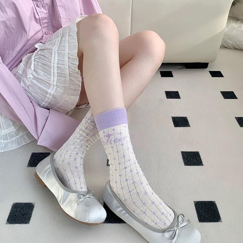 

Женские весенне-летние тонкие носки до середины икры с бантом, в горошек, с кружевом, белые, лолита 1 pair фиолетовый