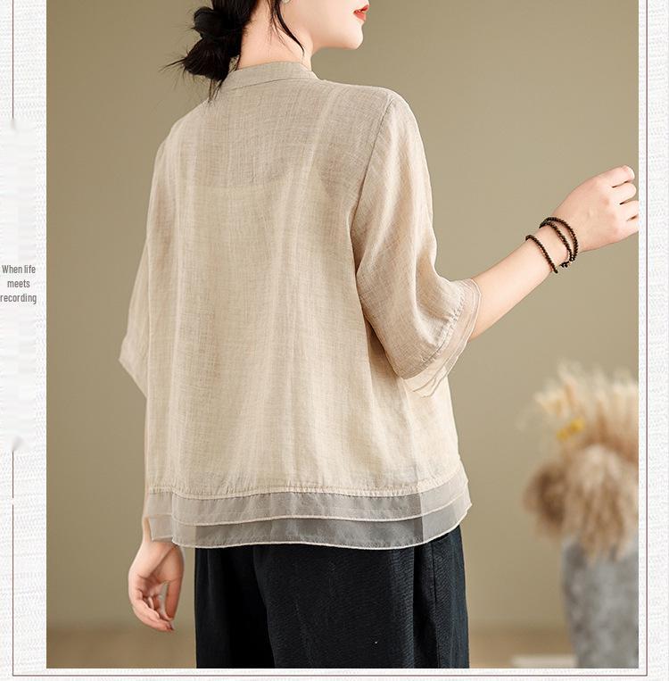 Retro Embroidered Organza Patchwork V-Neck Shirt for Women - Summer Mid-Sleeve Trendy Top