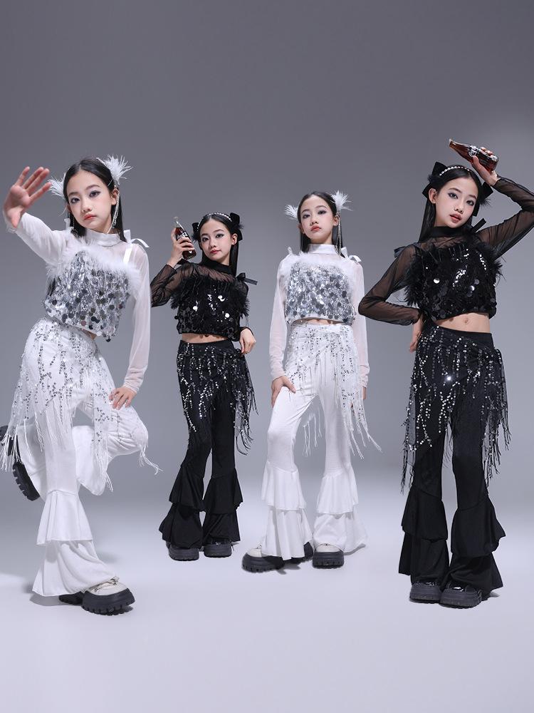 Korean Style Girls' Jazz Dance Costume Set: Cropped Vest Top & Sweatpants for Performances
