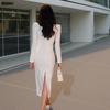 Women's White French Square Neck Slim-Fit Long-Sleeve Dress for Autumn/Winter Events