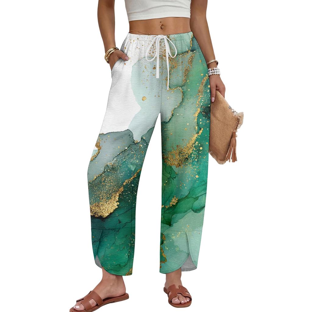 Women Casual Wide Leg Pants Marble Print Loose Fit Drawstring Waist Straight Leg Trousers Comfortable Lightweight Fabric