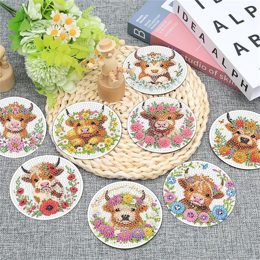 8 Peças/conjunto de Porta-copos com Padrão de Vaca Pintados com Diamantes, Porta-copos DIY com Suporte, Adequado para Iniciantes e Adultos, Materiais de Arte e Artesanato Presentes