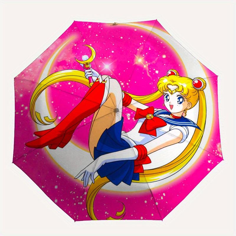 Sailor Moon Crescent Moon Pink Background StickerUmbrella, Portable 3-Fold Compact Umbrella for Men & Women Gift