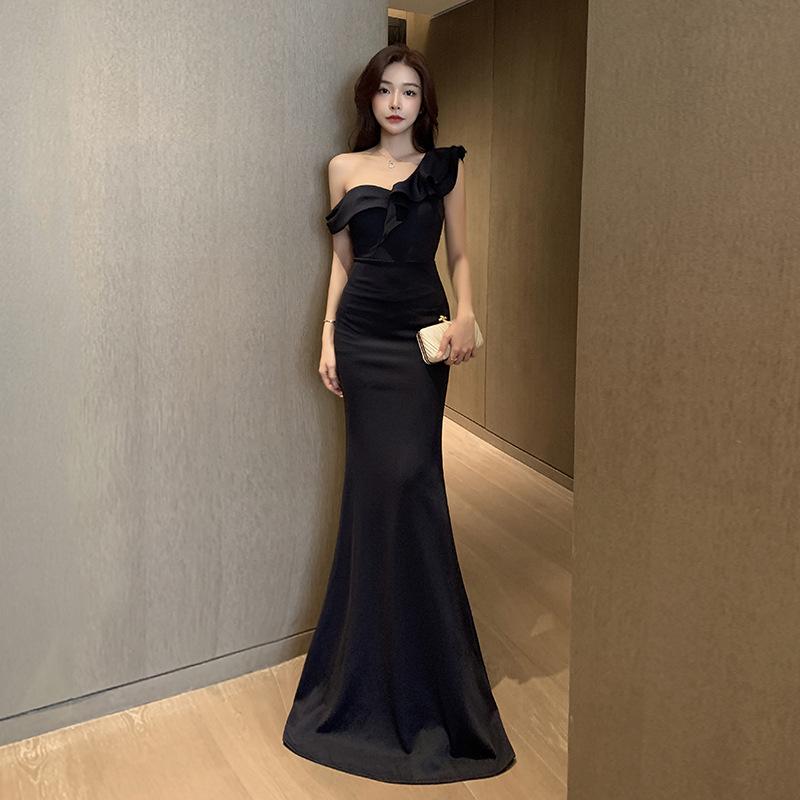Elegant Strapless One-Shoulder Floor-Length Bodycon Evening Dress