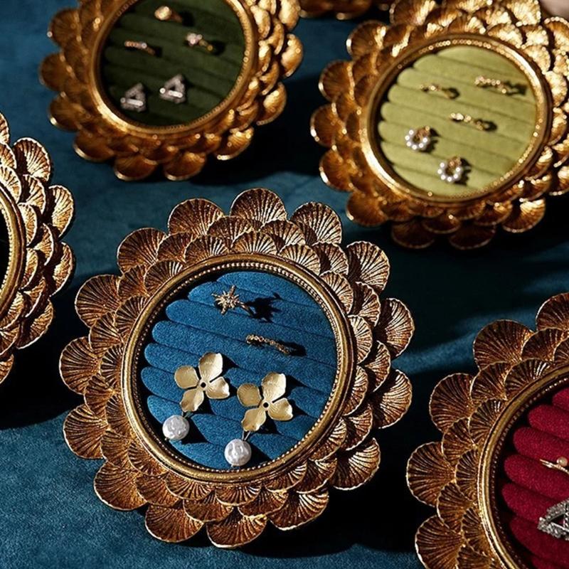 Vintage Jewelry Display Tray with Ring Slots, Gold Tone Oval Holder for Vanity Display and Photography Styling