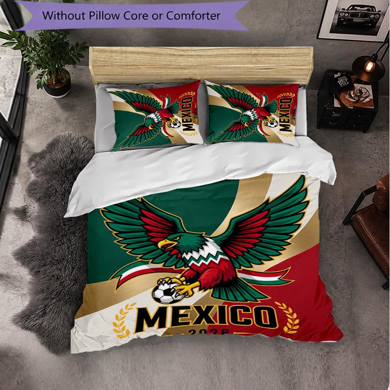 Mexico Footbal Pattern 3 Pieces Bedding Set Soft Microfiber Duvet Cover with Pillow Cases for Bedroom