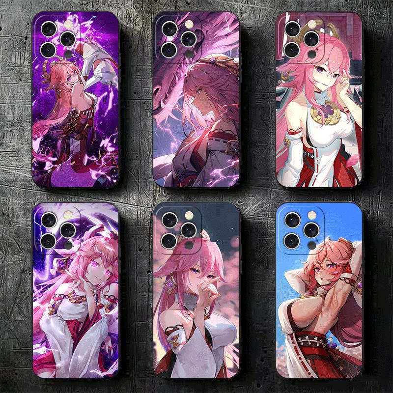 Genshin Impact Yae Miko Soft Phone Case for iPhone 16 16E 17 Air 15 Pro Max 14 Plus 13 Mini 11 12 7 Black Cover Back Shell