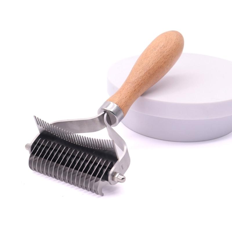 Dog Grooming Comb for Dog, Double-Purpose Metal Teeth Tool Wooden Handle Brush for Matted Furs, Daily Brushing, Loose Hair Cleanups and Bath Care