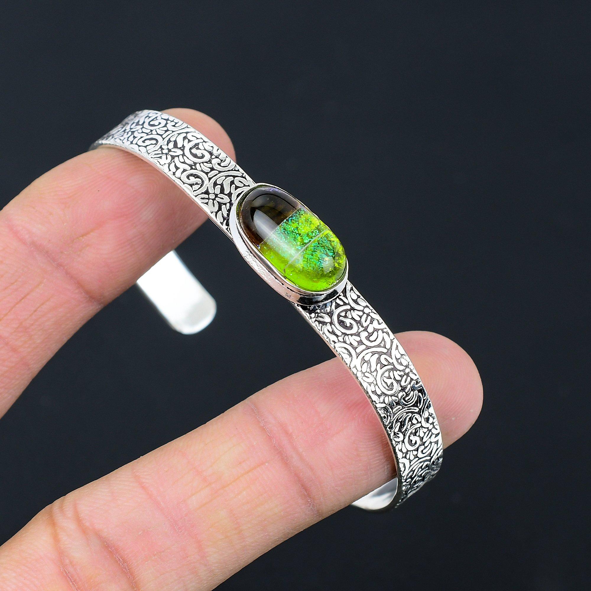 

Sterling Silver Oval Natural American Dichroic Glass Engagement Bangle Bracelet Adjustable