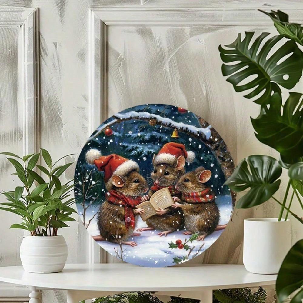 Vintage Christmas Mouse Tin Sign 8 Inch Round Waterproof Metal Plaque Pre Drilled Hole for Wall Hanging Indoor Outdoor Decor
