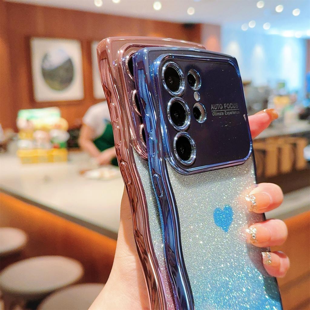 For Samsung Galaxy S24 Ultra Case Love Heart Gradient Glitter TPU Phone Cover Electroplating Curly Frame