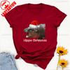 Moo Deng Pygmy Hippopotamus Christmas Hat Graphic Tshirt High Quality Cotton Crewneck Tops Tee Shirt Short Unisex Casual Style