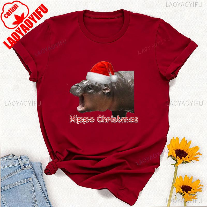 Moo Deng Pygmy Hippopotamus Christmas Hat Graphic Tshirt High Quality Cotton Crewneck Tops Tee Shirt Short Unisex Casual Style