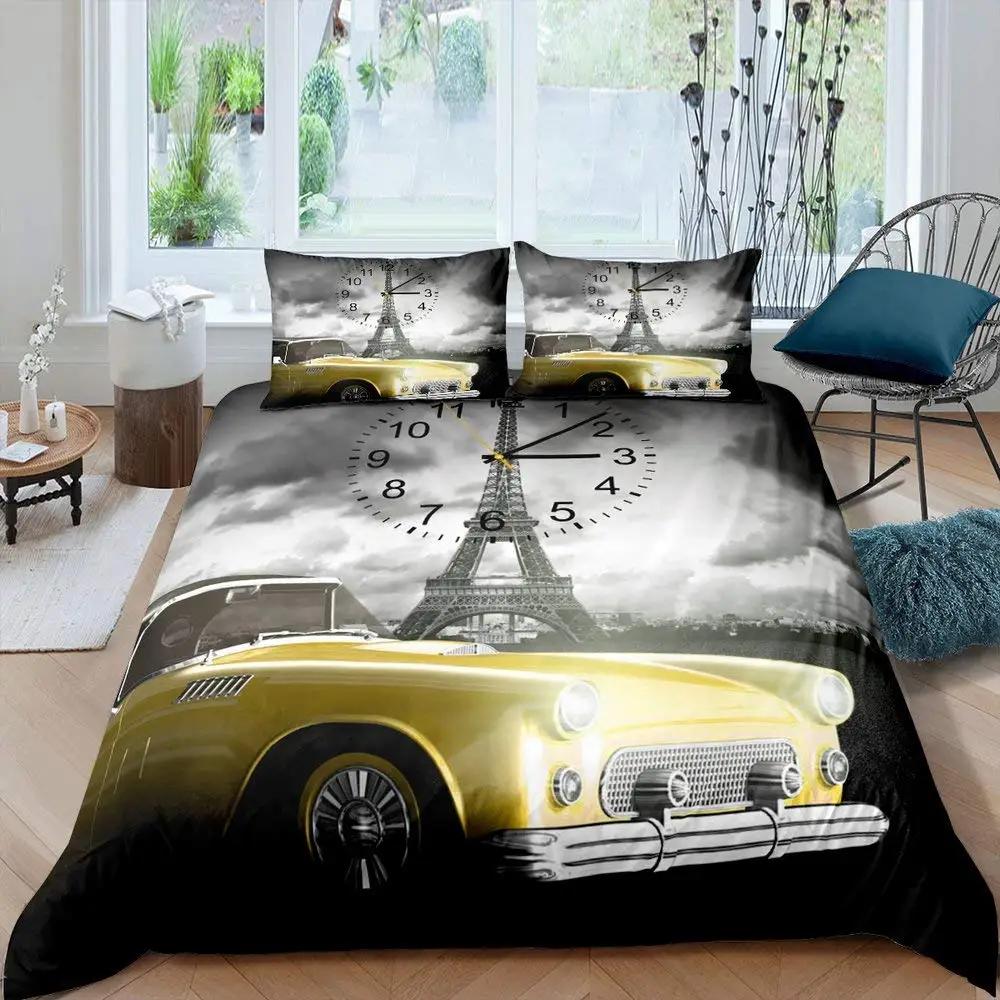 Housse de Couette Tour Eiffel Romantique Moderne Bâtiment de Ville de Paris Rouge et Bleu Housse de Couette pour Couple Accessoires Décor pour Adolescente