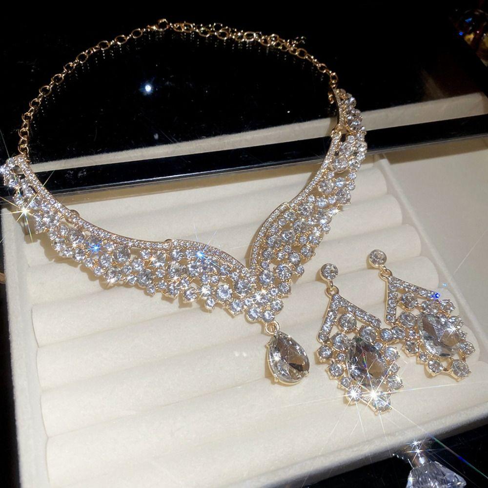 Baroque Style Bridal Jewelry Set Rhinestone Pearl Necklace Water Drop Necklace Earring Set  Girls