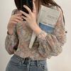 Cute Top Floral Print Young Square Neck Puff Sleeve Lovely Ladies Blouse for Work