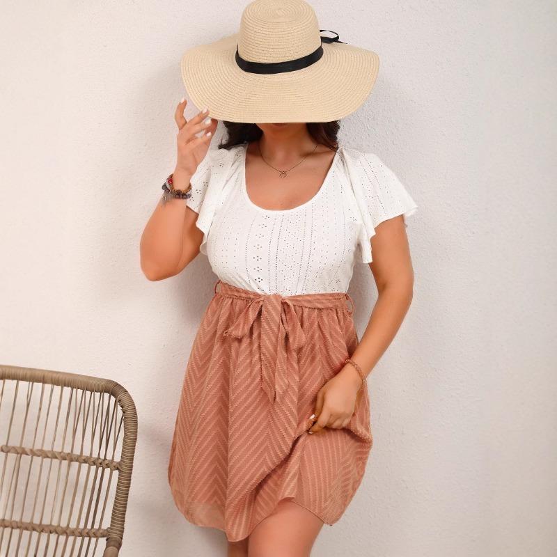Women's Elegant Mesh Jacquard Fabric Patchwork Lace-up Dress