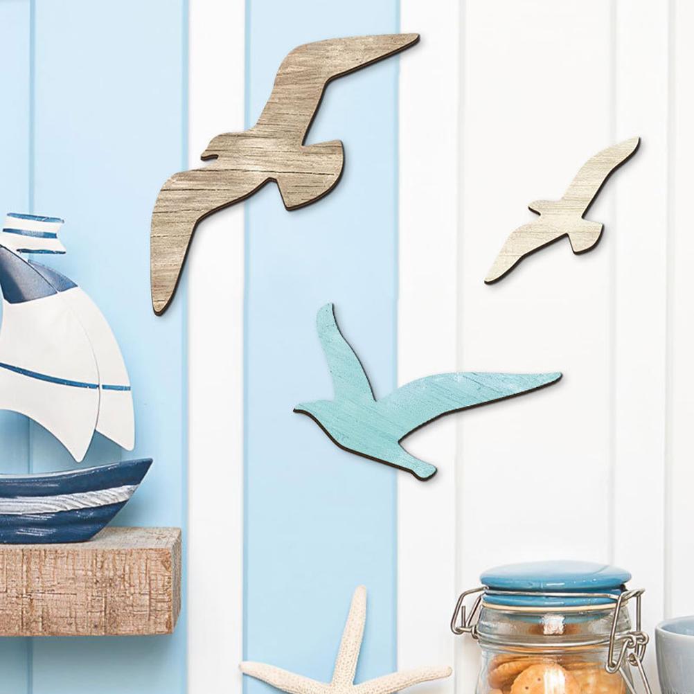 3Pcs Wall Hanging Seagull Decoration Coastal Wooden Naments Beach Sculpture Nautical Ocean Decor Plaque Wood Seagull Wall Decor