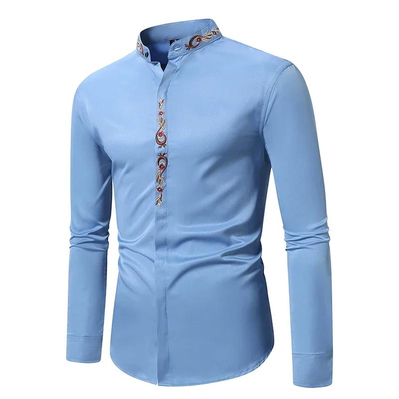 Herrenmode Stehkragen Bestickte Hemden Einfarbig Langarm Knöpfe Slim Business Casual Arbeitshemd