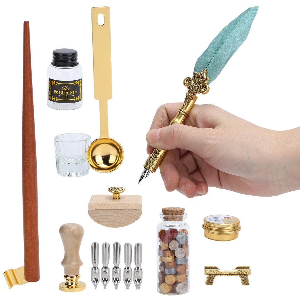 Feather Pen Wax Set Quill Dip Writing Ink Stamp Kit Vintage Student Stationery Gift BoxSP225043 Pearl Green Black