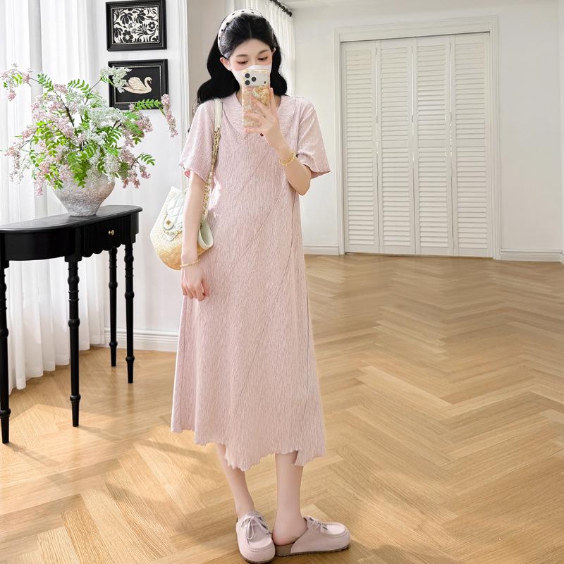 Summer Loose Fit Maternity Dress, French Polo Collar, Patchwork Design, Short Sleeve, Slimming Korean Style 2XL