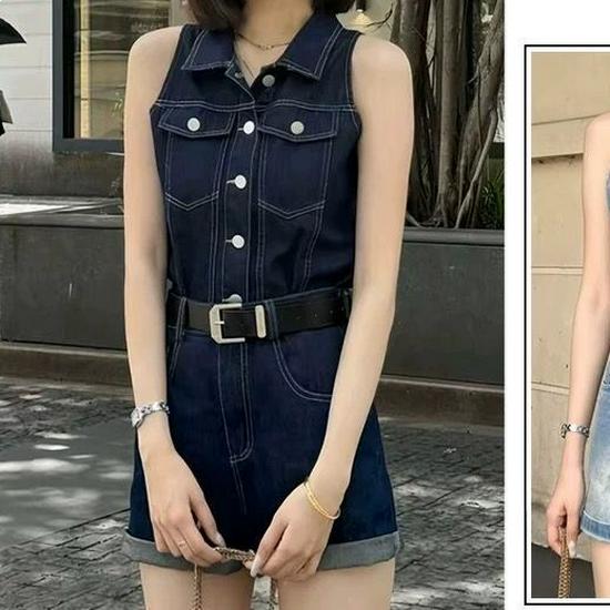 American Retro Spicy Girl Sleeveless Polo Denim Top & High-Waisted Shorts Two-Piece Set M (100-115 lbs)