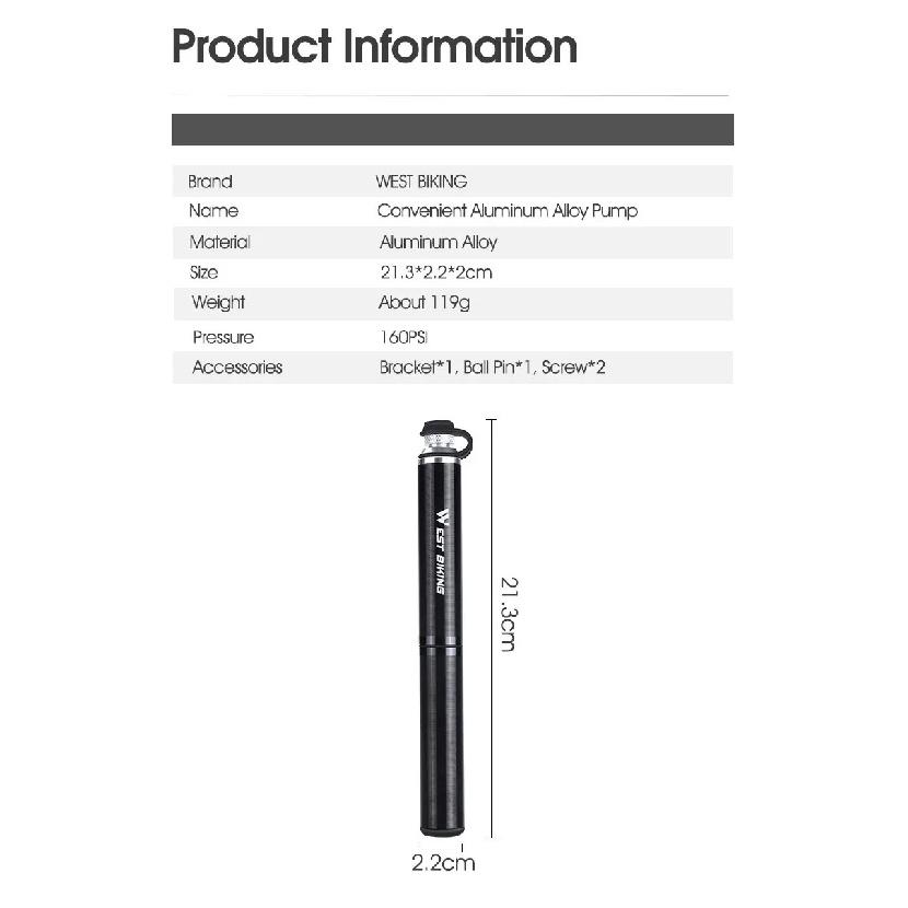 WEST BIKING Bicycle Pump 160PSI High Pressure With Hose Aluminum Alloy Pump MTB Road Bike Schrader Presta Valve Tire Inflator