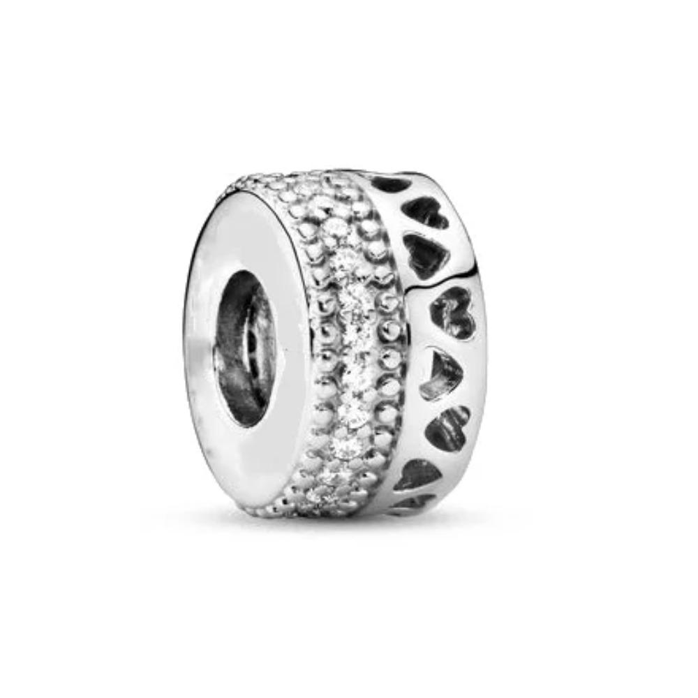 New 925 Silver Round Flower Pattern Sparkling Pink Heart-shaped Clip Charm Bead Fit for Original Bracelet DIY Women's Jewelry