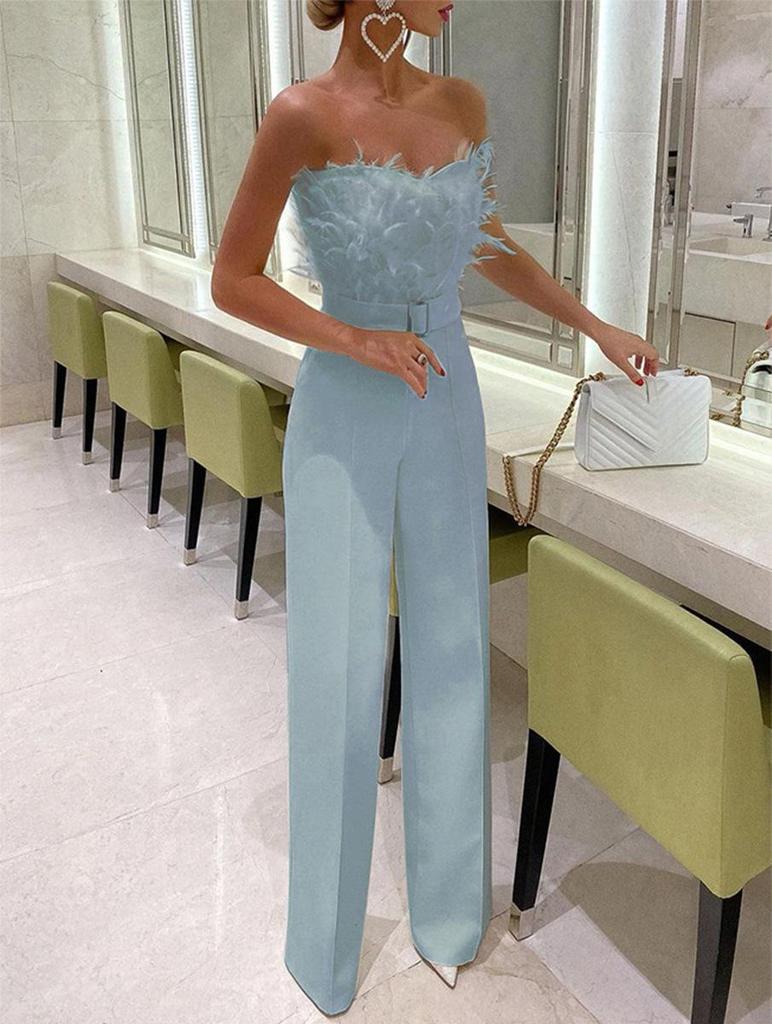 Stylish European & American Feather Strapless Jumpsuit