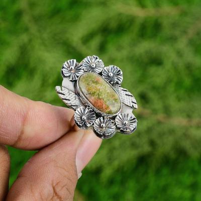 Natürlicher Unakit Edelstein Solitär Blume Grün Verstellbarer Ring 925 Silber