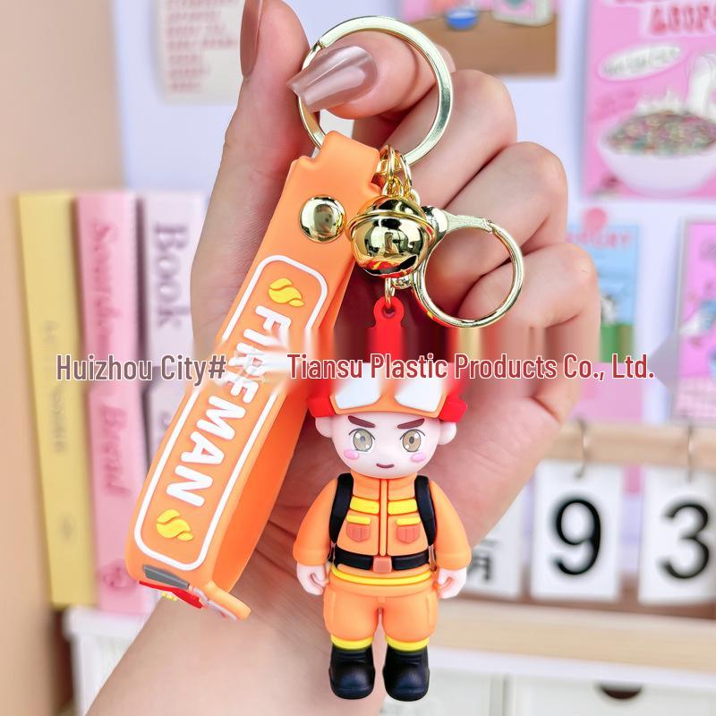 Cute Firefighter Cartoon Keychain: Blue Figure Souvenir Doll Pendant for Company Events