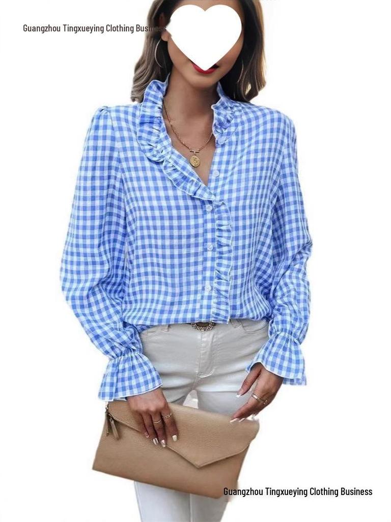 Spring New Arrival: Women's French Ruffle Plaid Shirt