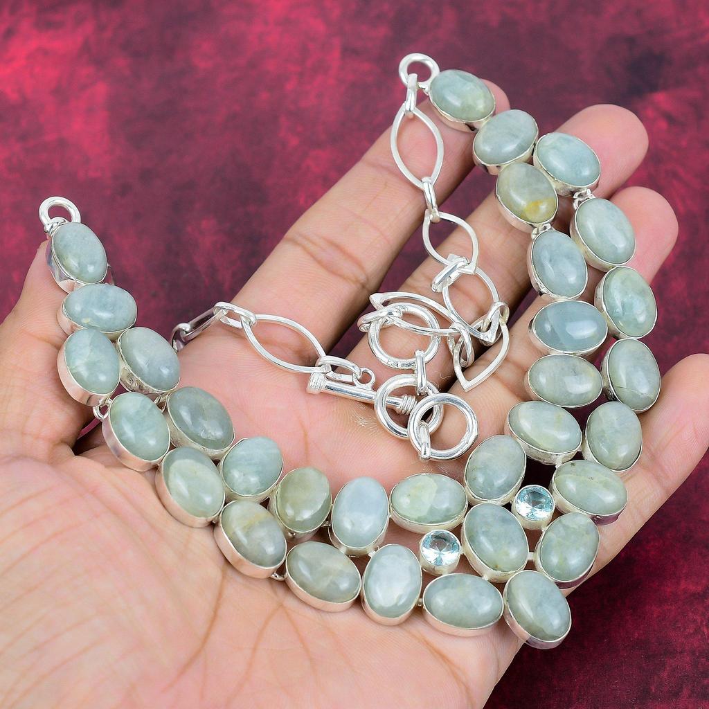 Aquamarine 925 Solid Sterling Silver Necklace with Adjustable Chain, Handmade Gemstone Jewelry Necklace For Memorial Day
