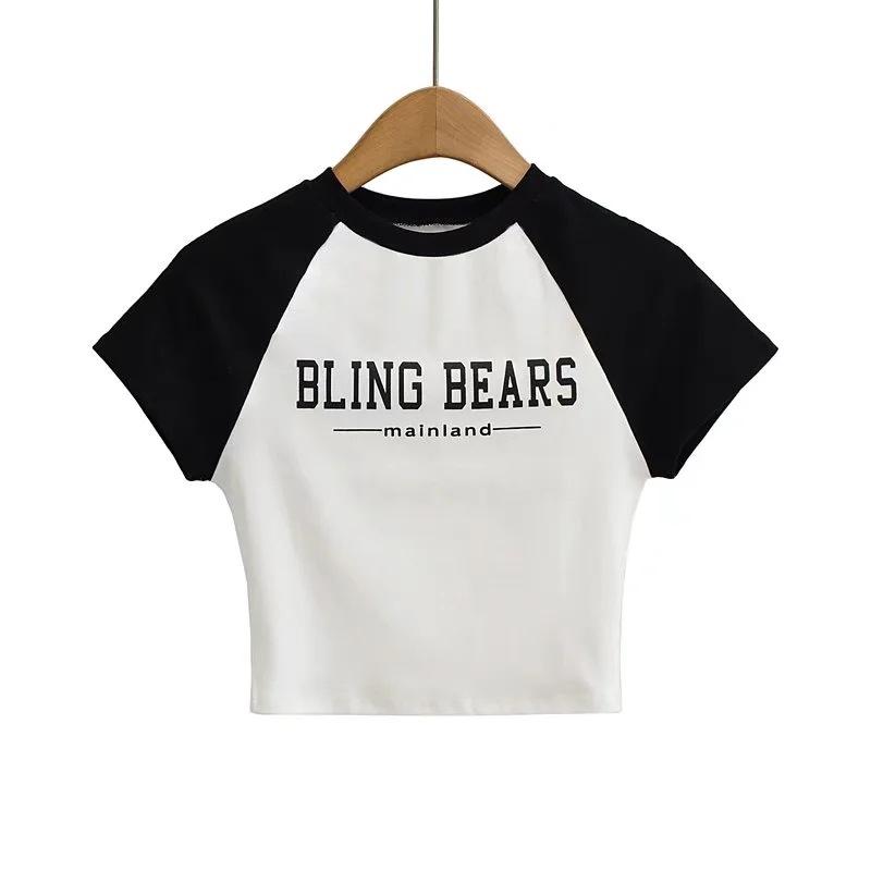 Color Blocking Letter Tight Fitting Short Sleeved Women'S New Style With Crop Top And Shoulder Sleeves T-Shirt Top