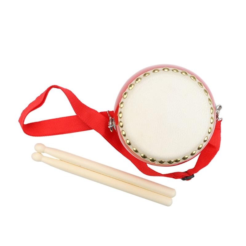 Portable Kids Drum with Mallet and Strap Traditional Chinese Drum Wood Toy