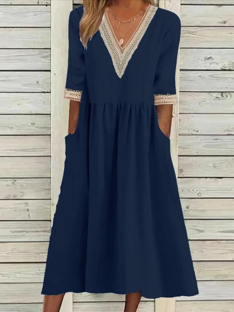 Kleid, Lockeres Baumwoll-Leinen-Rundhals-Fünf-Knopf-Mittelkleid