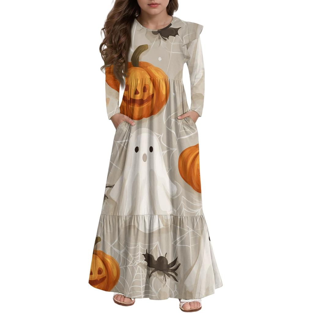 Girls' Tiered Ruffle Dress Halloween Day - Long Sleeve Printed Maxi With Pockets