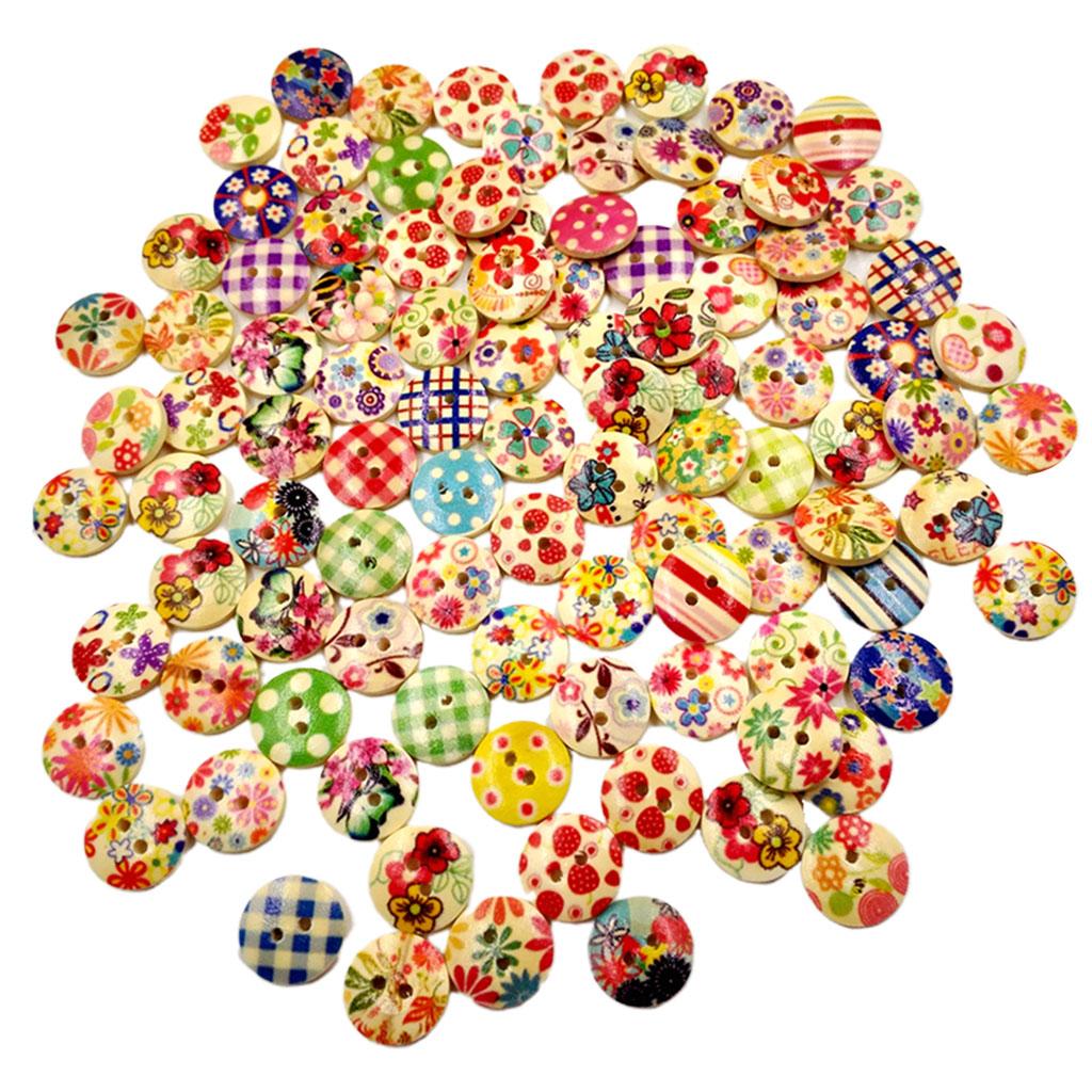 100Pcs -Hole Wood Buttons Mixed Flower for Sewing Embellishments 15mm
