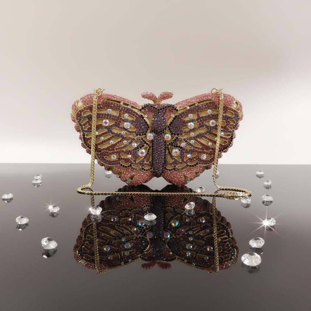 Strictly Selected Butterfly Diamond Evening Clutch Bag with Magnetic Clasp Hollow Design Women's Banquet Dress Dinner Bag 20 Cm