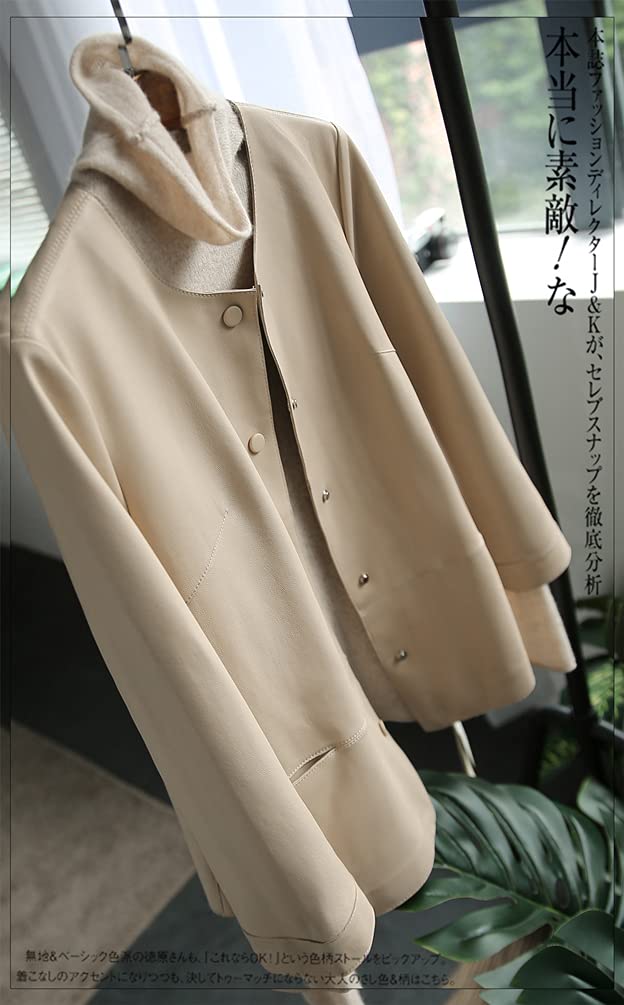 JINLUN Collarless Leather Genuine Lambskin Style for and Spring Size Women's Jacket, Leather, Collarless, Rider's Fall, Winter, (Beige, L)