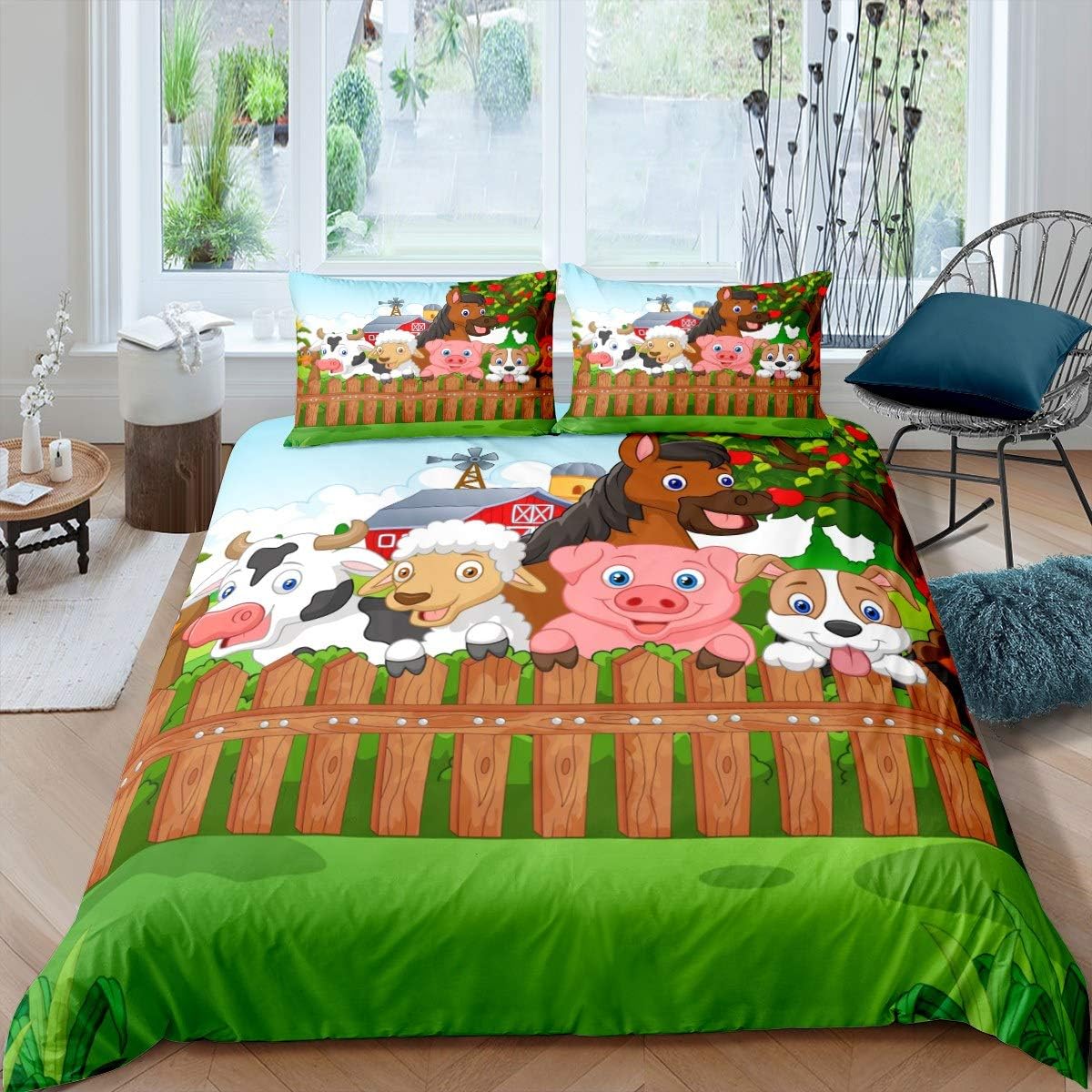 

Cartoon Animal Duvet Cover Set, Farm Animal Comforter Cover, Rustic Farmhouse Bedding Set Twin Queen For Kids Boys Girls Adults EU Single(135x200cm)