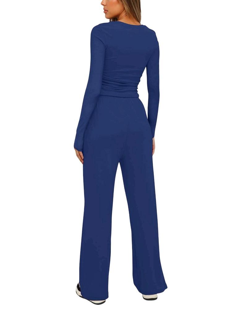 Solid Color Casual Long Sleeve Set Top High Waisted Wide Leg Pants Sportswear