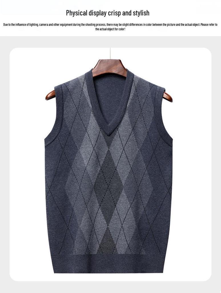 Men's Winter Sleeveless Plaid Knit Sweater Vest - Thick & Warm, Middle-aged Casual Style
