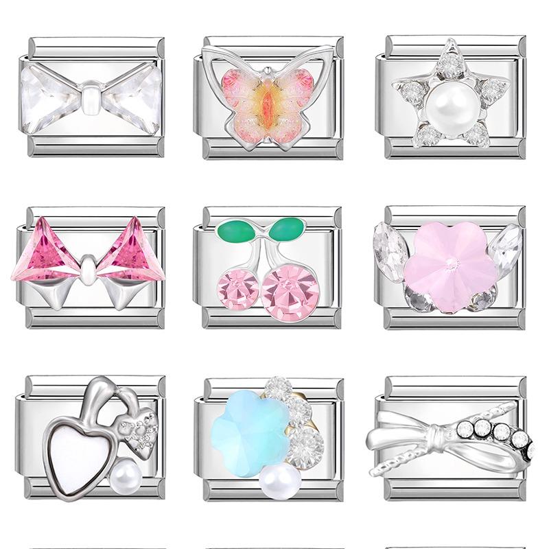 Zircon Star Heart Bow Moon Cherry Moon Italian Charm Links Fit 9mm Stainless Steel Bracelet Women Jewelry DIY Making Gifts