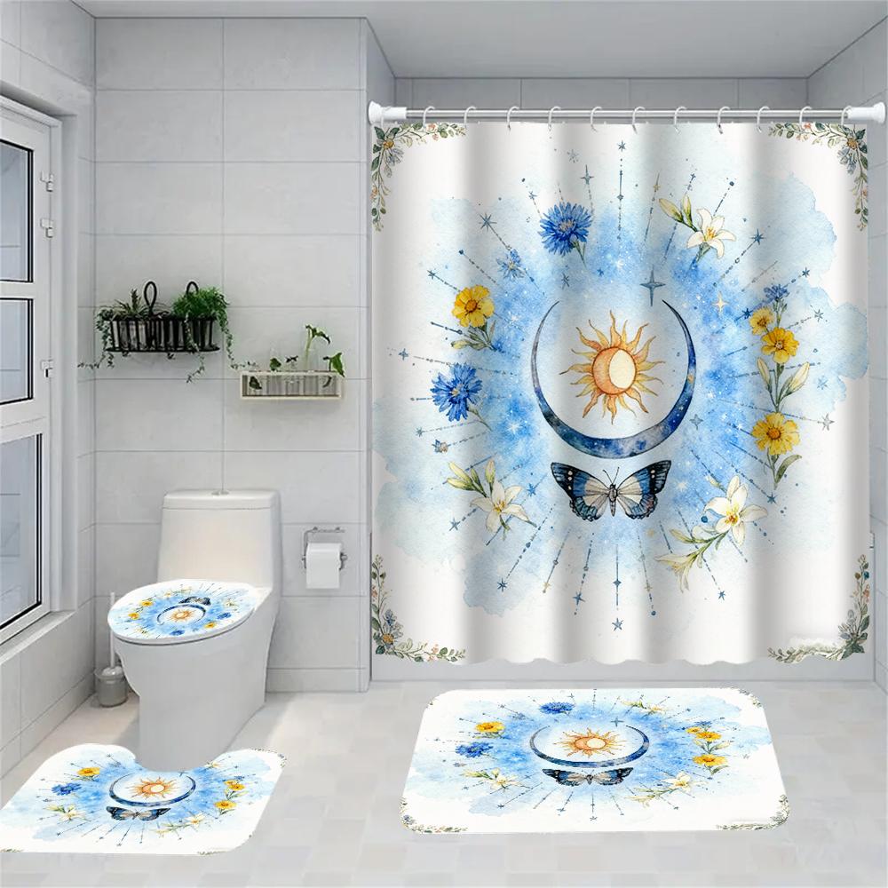 1/4 Marine Organisms Print Shower Curtains, Toilet Seat Decoration, Shower Curtain with Carpet and Toilet Lid, 70.8x70.8 Inch