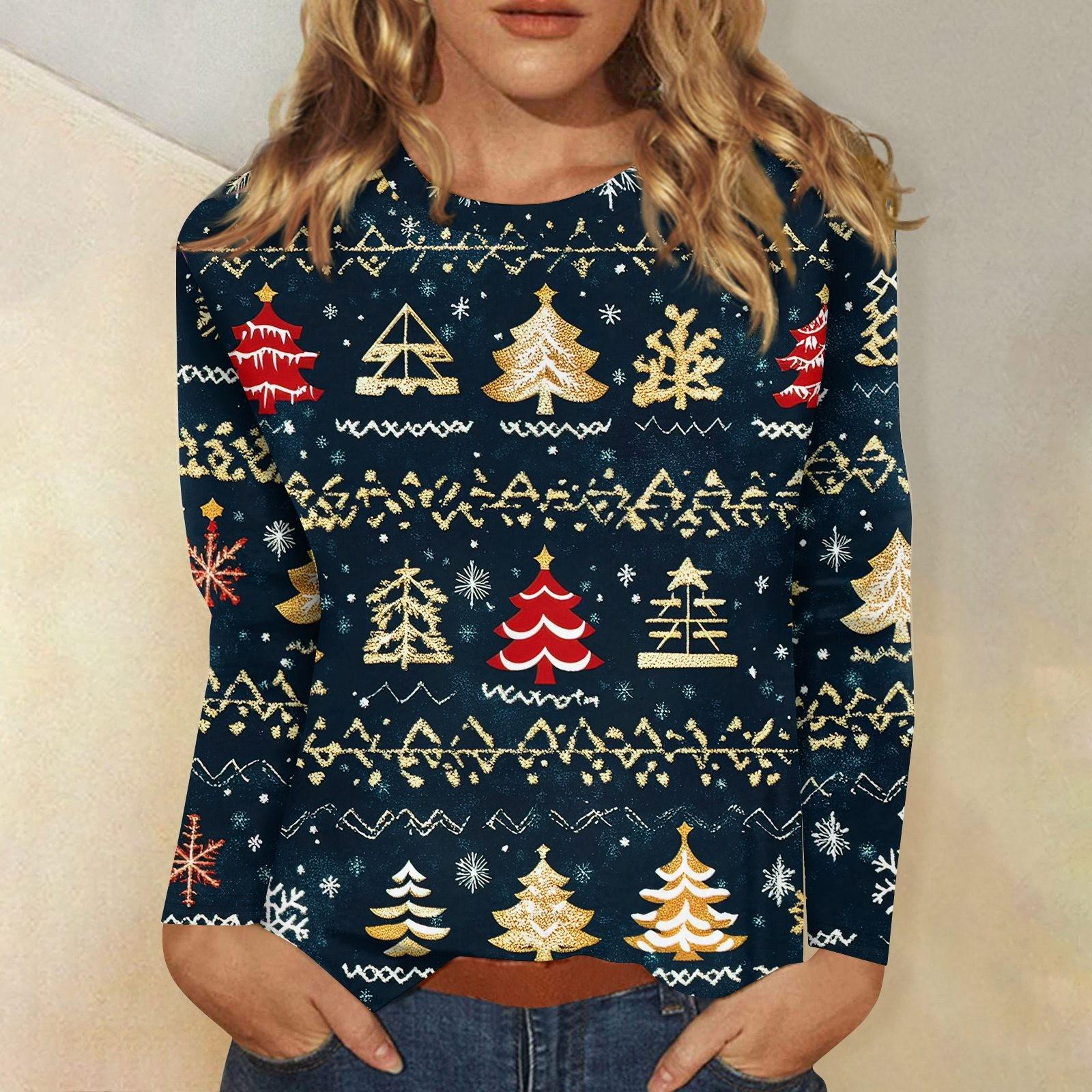 

Жіночий модний повсякденний різдвяний пуловер з круглим вирізом і довгими рукавами L чорний