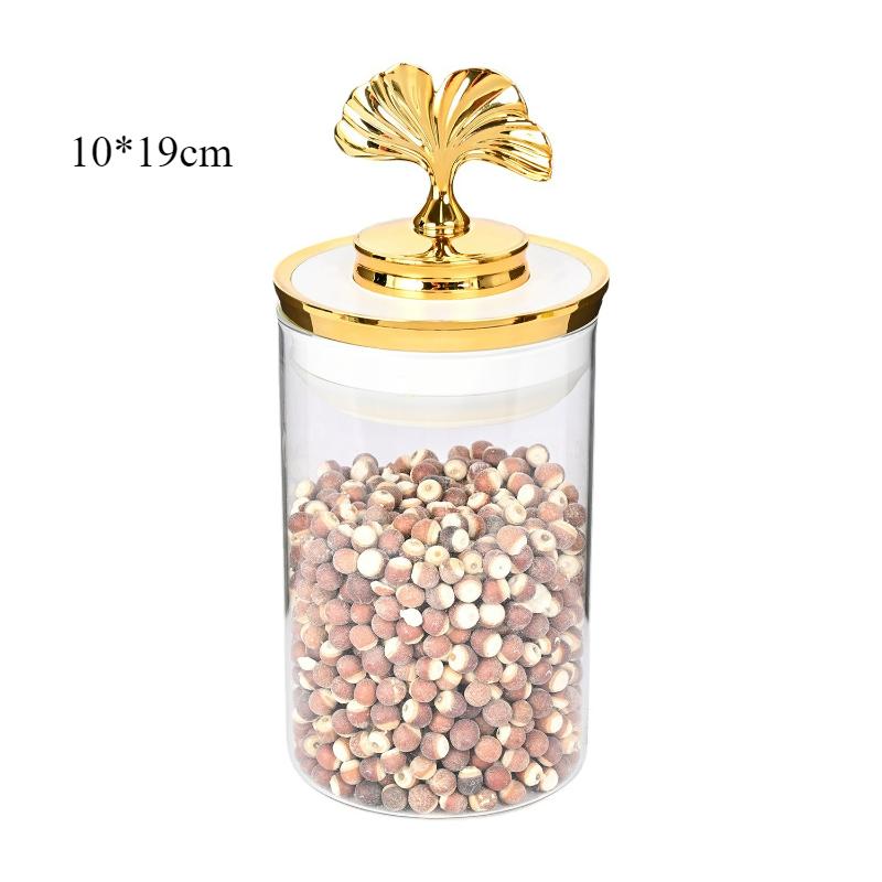 

European Luxury Brass Ginkgo Leaf Glass Sealed Jar with Lid Kitchen Moisture-proof Jar Coffee Bean Tea Sugar Jar Food Container