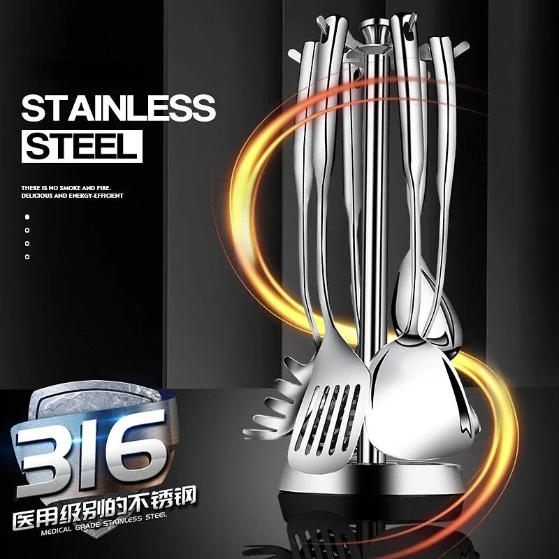 Siebenteilige Kochschaufel, Suppenlöffel, Bratschaufel, Sieb, Küchenzubehör, Spachtelwerkzeuge aus medizinischem Edelstahl 316