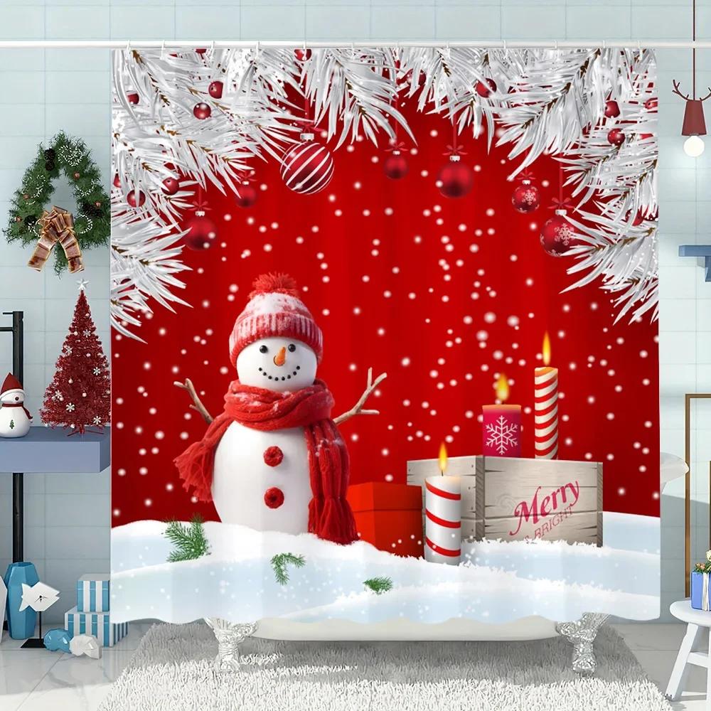 Snowman Christmas Tree Shower Curtain Merry Christmas Gift Polyester Fabric Home Shower Curtain Bathroom Decoration with Hooks